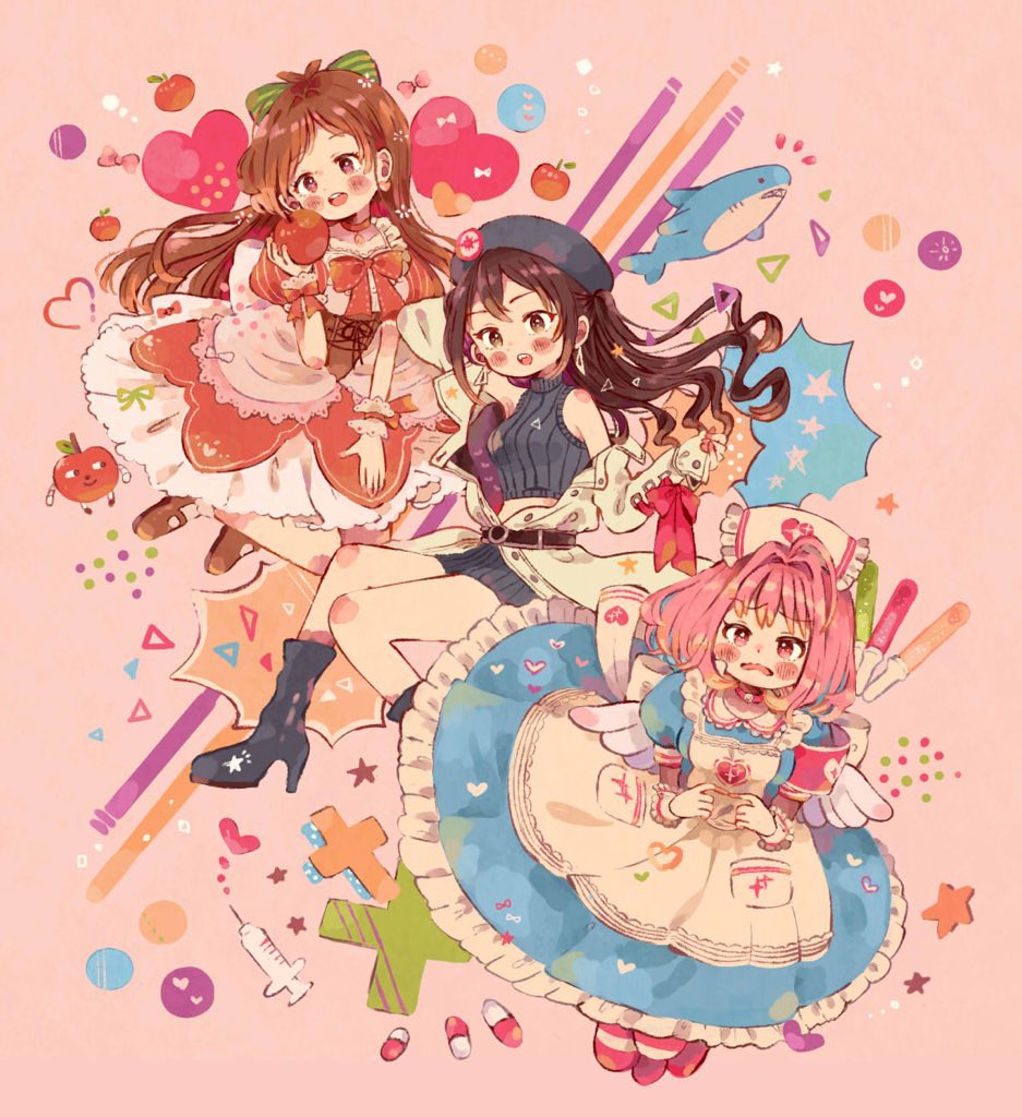 #lookingforaunitname_(idolmaster), 3girls, apron, black_shirt, black_shorts, blue_dress, blush, blush_stickers, dress, full_body, heart, idolmaster, idolmaster_cinderella_girls, light_stick, looking_at_viewer, multiple_girls, patterned_background, petticoat, pill, pinafore_dress, puffy_short_sleeves, puffy_sleeves, red_dress, ribbed_shirt, ribbed_skirt, ringorou_(idolmaster), shark, shirt, short_sleeves, shorts, star_(symbol), sumomo_030102, sunazuka_akira, triangle, tsujino_akari, white_apron, wrist_cuffs, yumemi_riamu