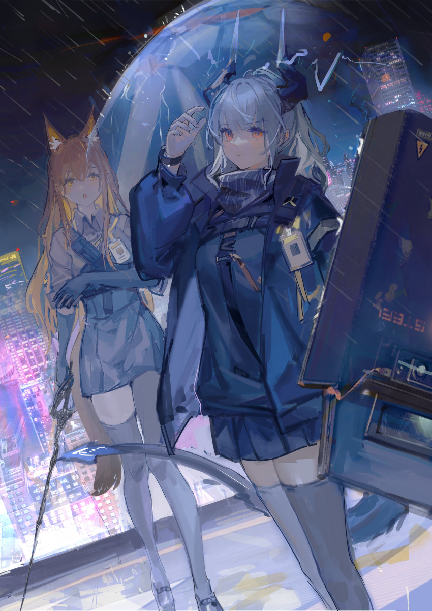 2girls, :o, absurdres, animal_ears, arknights, asymmetrical_legwear, ballistic_shield, bangs