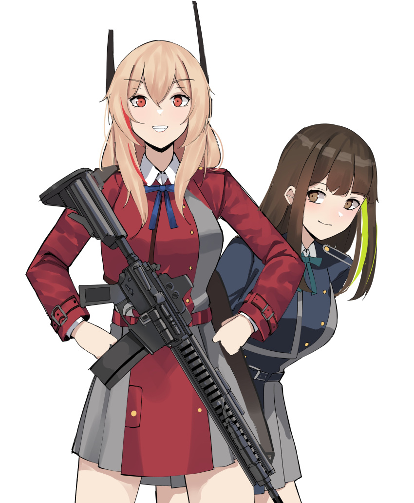 2girls, absurdres, ar-15, assault_rifle, black_hair, blonde_hair, cosplay, cowboy_shot