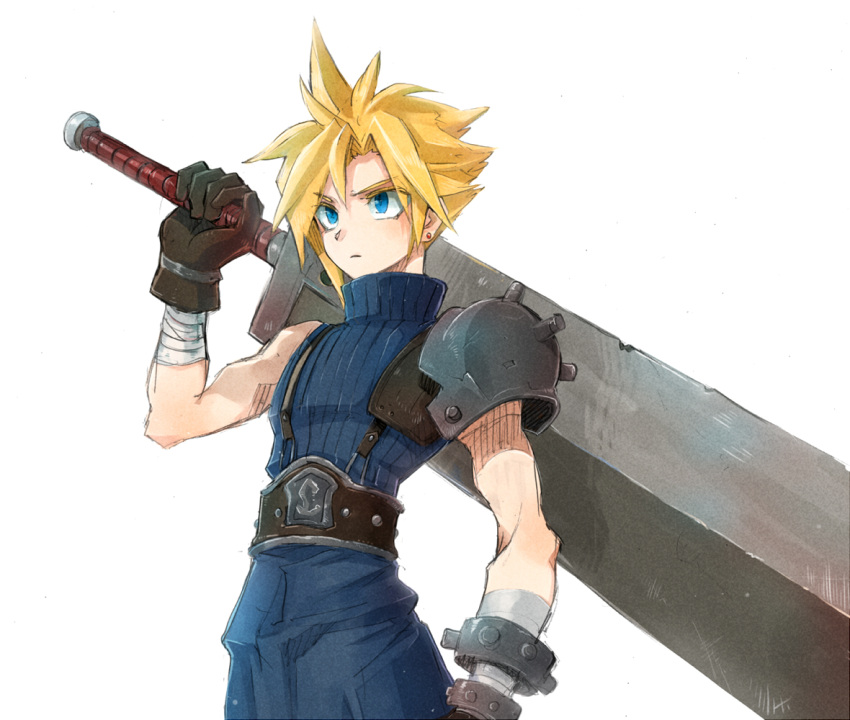 1boy, armor, bandaged_arm, bandages, belt, blonde_hair, blue_eyes, blue_pants