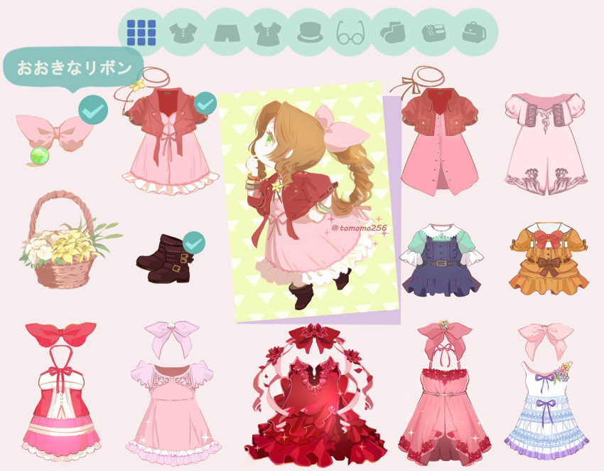 1girl, aerith_gainsborough, bangle, bangs, blue_overalls, boots, bow, bowtie
