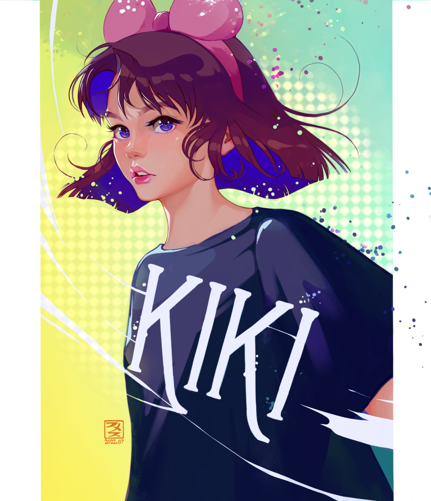 1girl, absurdres, alternate_costume, black_shirt, bob_cut, bow, breasts, brown_hair