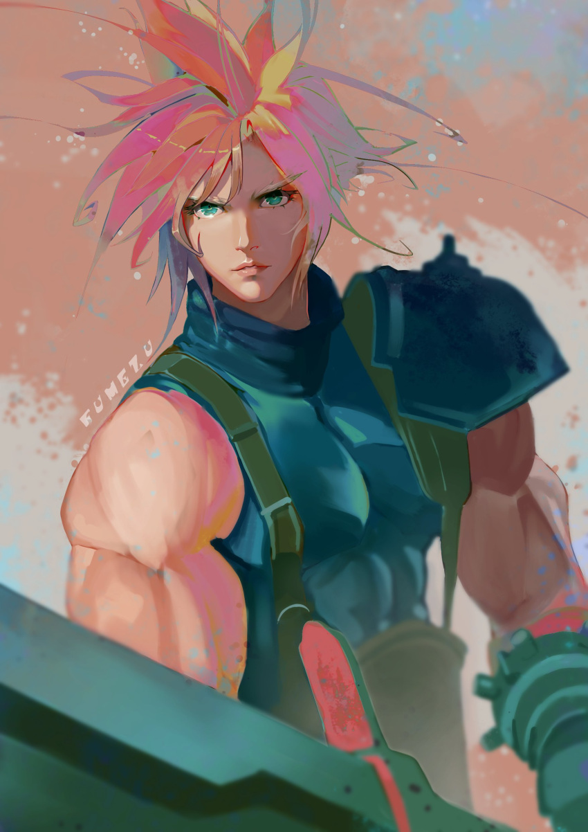 1boy, absurdres, aqua_eyes, armor, artist_name, bare_shoulders, belt, blonde_hair