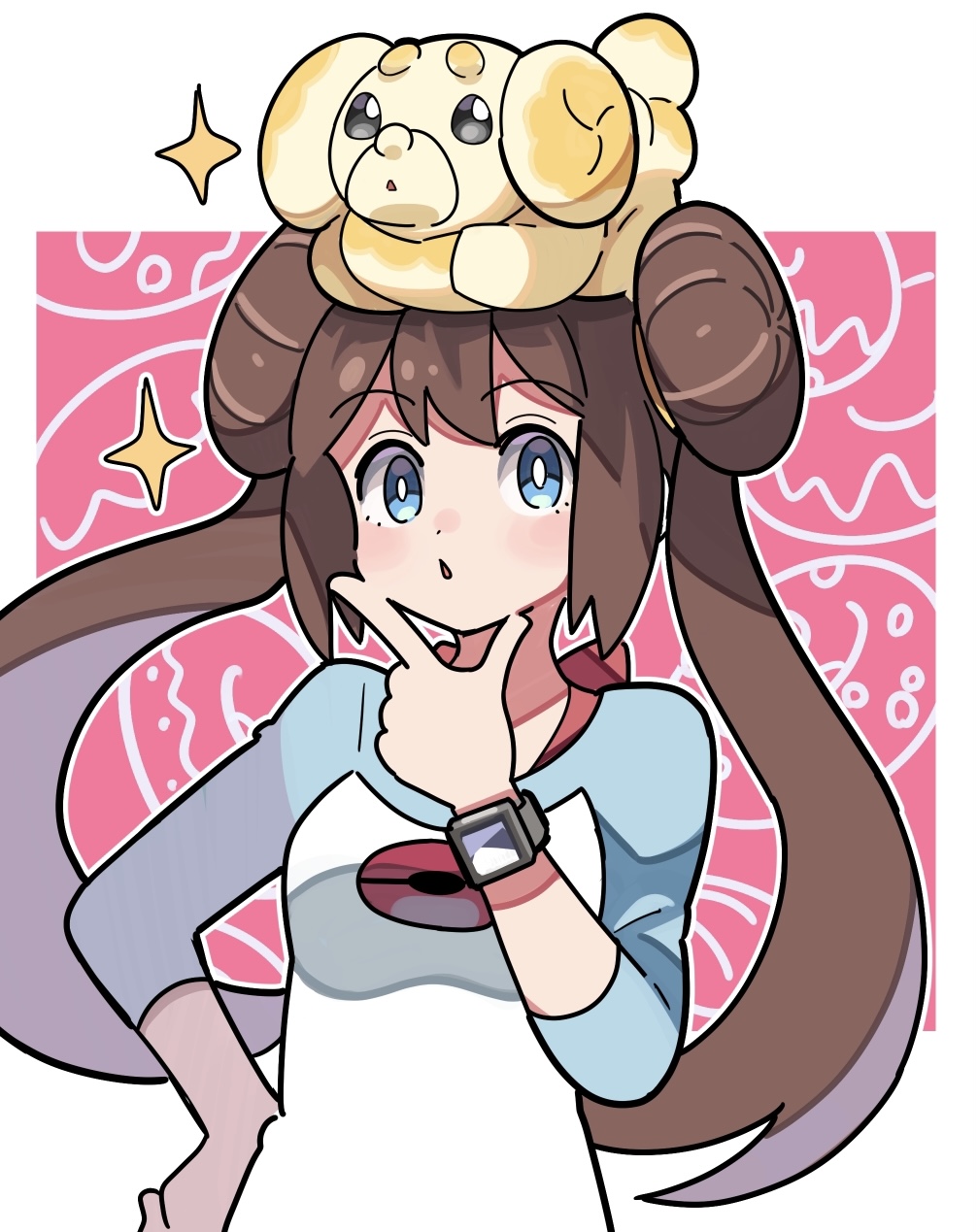 1girl, blue_eyes, blush, border, breasts, bright_pupils, brown_hair, commentary_request