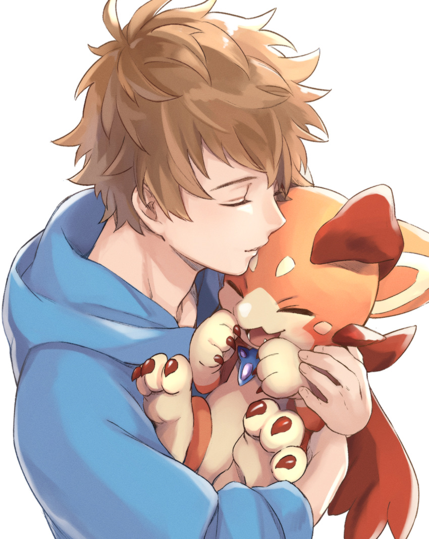 1boy, animal, bangs, blue_hoodie, brown_hair, closed_eyes, dragon, gran_(granblue_fantasy)