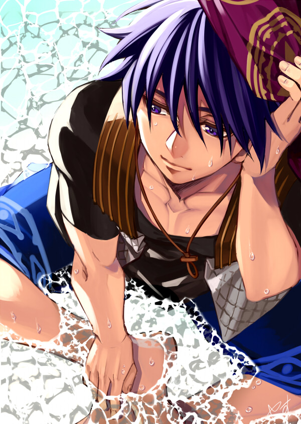 1boy, adjusting_clothes, adjusting_headwear, armor, barefoot, black_shirt, blue_hair, blue_shorts