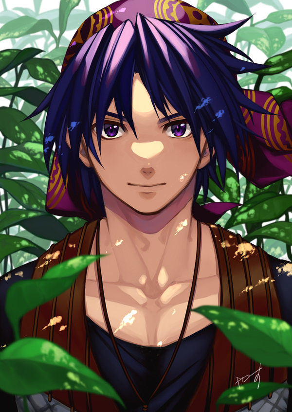 1boy, bandana, bangs, black_shirt, blue_hair, chrono_cross, collarbone, jewelry
