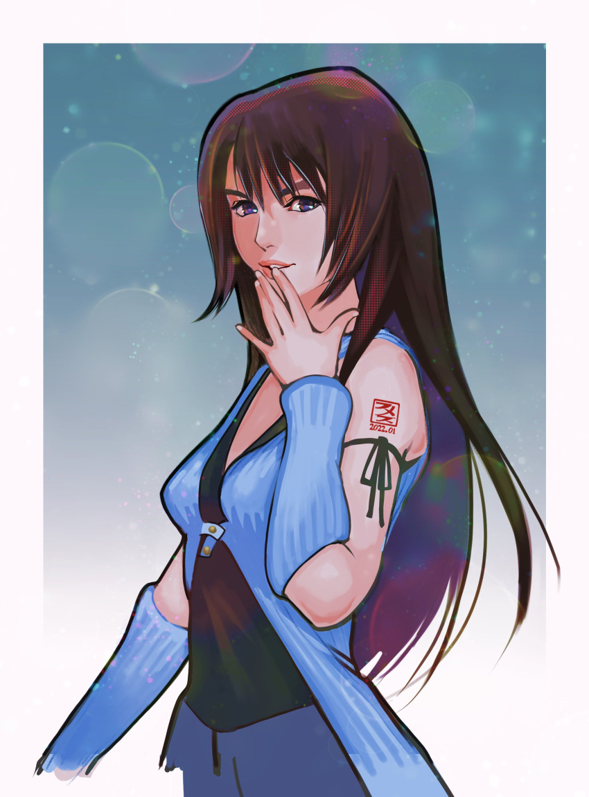 1girl, absurdres, arm_ribbon, arm_warmers, bare_shoulders, black_hair, black_shirt, blue_background, blue_cardigan, blue_skirt, border, breasts, brown_eyes, brown_hair, cardigan, cowboy_shot, final_fantasy, final_fantasy_viii, fumezu1, hair_between_eyes, hand_to_own_mouth, highres, long_hair, looking_at_viewer, medium_breasts, multicolored_hair, parted_lips, ribbon, rinoa_heartilly, shirt, skirt, solo, streaked_hair