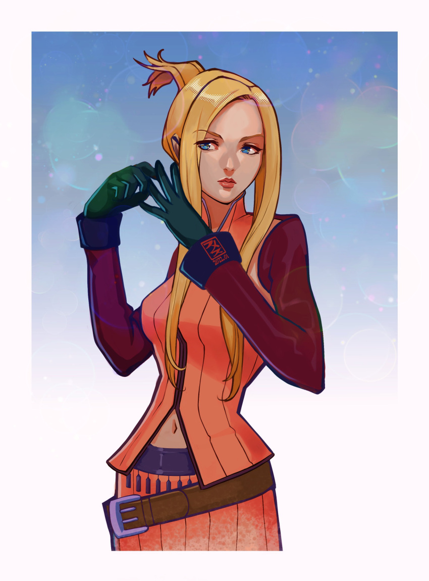1girl, absurdres, adjusting_clothes, adjusting_gloves, bangs, belt, blonde_hair, blue_background