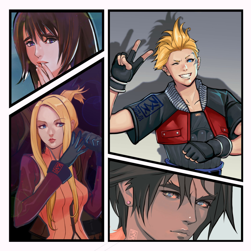 2boys, 2girls, adjusting_clothes, adjusting_gloves, bangs, black_gloves, black_shirt, blonde_hair