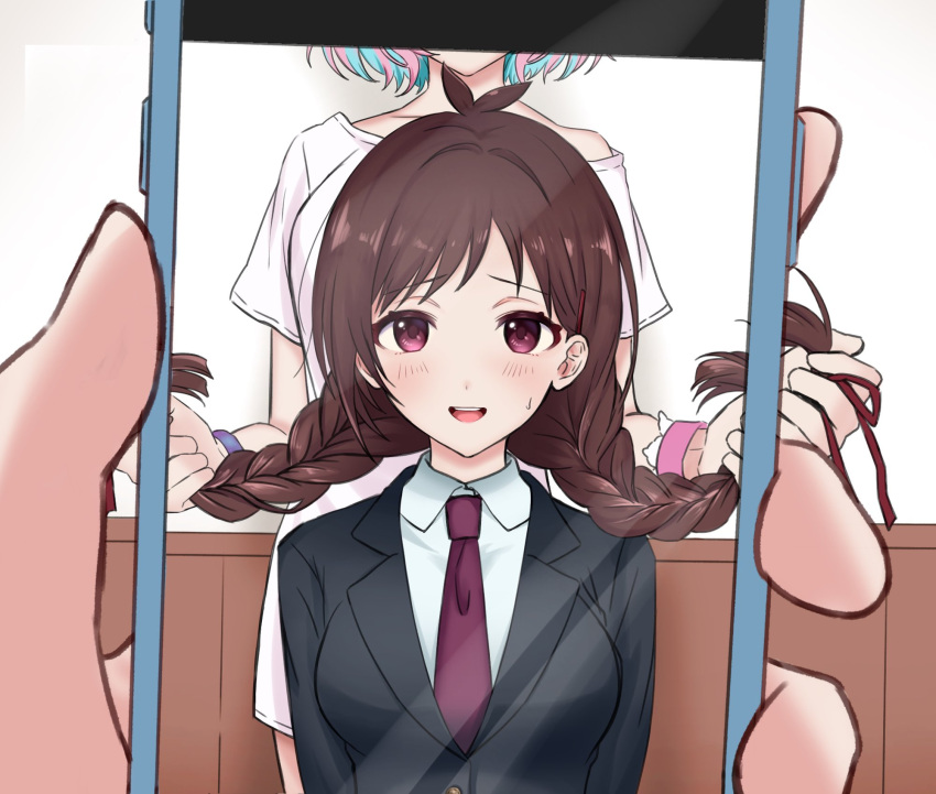 1other, 2girls, alternate_hairstyle, antenna_hair, black_jacket, blazer, blue_hair, blush, braid, breasts, brown_hair, cellphone, highres, holding, holding_another's_hair, holding_phone, idolmaster, idolmaster_cinderella_girls, idolmaster_cinderella_girls_starlight_stage, ij_xcm4o, jacket, looking_at_viewer, medium_breasts, multicolored_hair, multiple_girls, necktie, phone, pink_hair, red_eyes, red_necktie, round_teeth, school_uniform, shirt, smile, sweatdrop, taking_picture, teeth, tsujino_akari, twin_braids, two-tone_hair, upper_body, white_shirt, yumemi_riamu