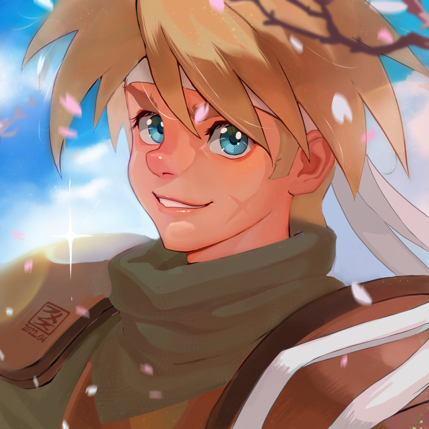 1boy, armor, blonde_hair, blue_eyes, cherry_blossoms, chrono_cross, falling_petals, fumezu1
