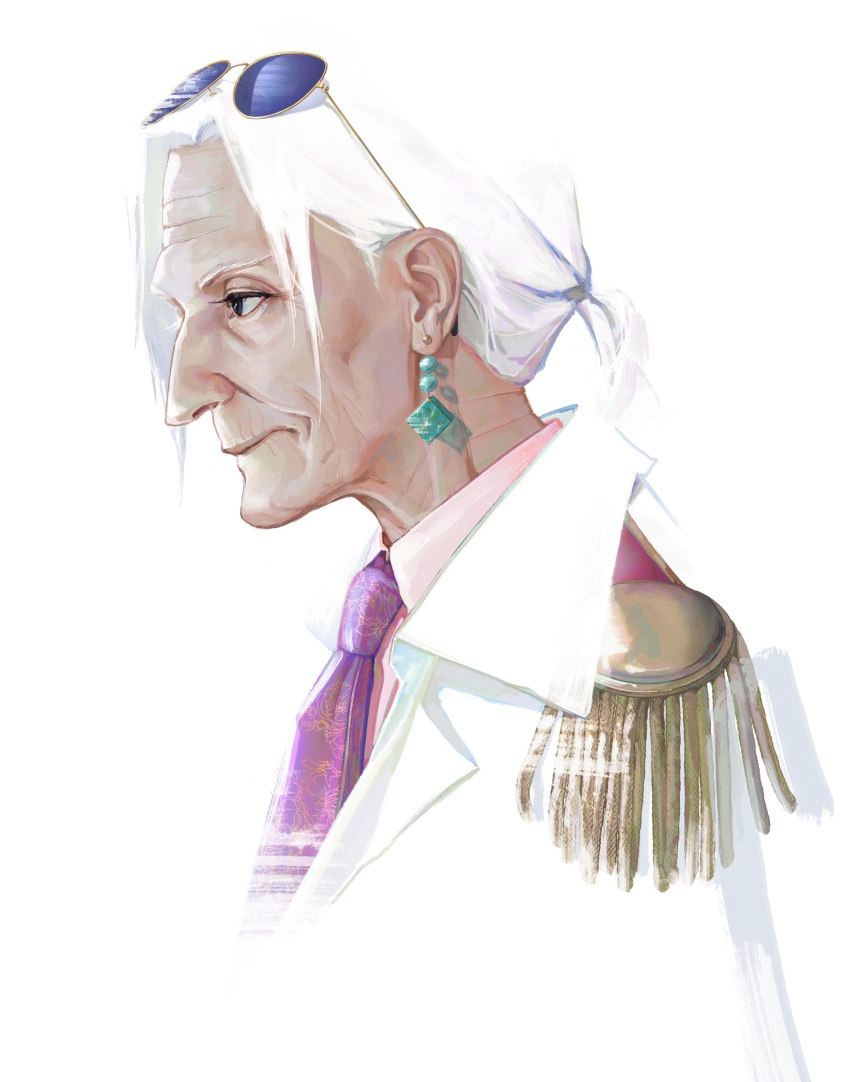 1girl, absurdres, black_eyes, coat, earrings, epaulettes, eyewear_on_head, from_side, frown, gazing_eo, highres, jewelry, low_ponytail, necktie, no_bangs, old, old_woman, one_piece, solo, sunglasses, tsuru_(one_piece), white_background, white_coat, white_hair, white_theme, wrinkled_skin
