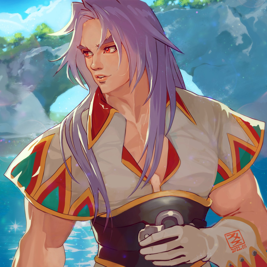 1boy, bangs, belt, chrono_cross, cliff, fumezu1, gloves, hair_over_shoulder, highres, karsh_(chrono_cross), long_hair, looking_to_the_side, male_focus, multicolored_shirt, muscular, muscular_male, ocean, outdoors, parted_bangs, parted_lips, pectorals, purple_hair, red_eyes, short_sleeves, solo, sparkle, thick_eyebrows, upper_body, white_gloves