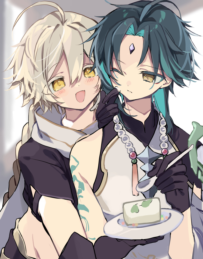 2boys, 52hz_mayday, absurdres, aether_(genshin_impact), ahoge, arm_tattoo, bangs, bead_necklace, beads, black_gloves, black_shirt, blonde_hair, braid, cake, crop_top, diamond_(shape), eating, facial_mark, food, forehead_mark, genshin_impact, gloves, green_hair, hair_between_eyes, highres, holding, holding_plate, holding_spoon, jewelry, long_hair, looking_at_another, male_focus, multicolored_hair, multiple_boys, necklace, open_mouth, orange_eyes, parted_bangs, plate, shirt, short_hair, single_braid, spoon, tattoo, two-tone_hair, xiao_(genshin_impact), yellow_eyes