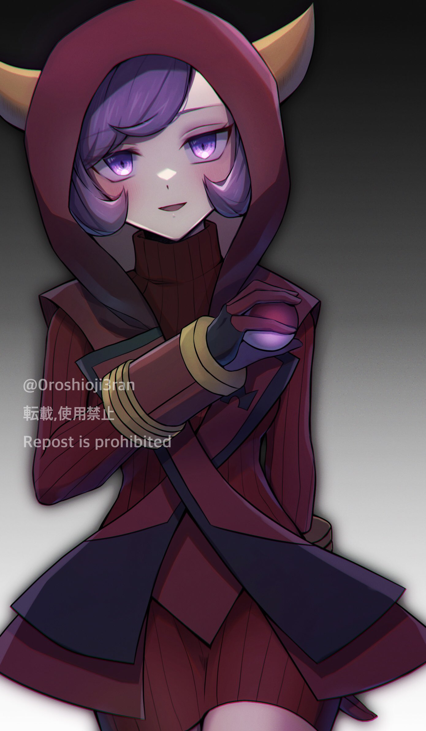 0roshioji3ran, 1girl, bangs, blush, commentary_request, courtney_(pokemon), cowboy_shot, dress, fake_horns, gloves, hand_up, highres, holding, holding_poke_ball, hood, hood_up, horned_headwear, horns, open_mouth, poke_ball, poke_ball_(basic), pokemon, pokemon_(game), pokemon_oras, purple_hair, red_dress, ribbed_dress, short_hair, smile, solo, sweater, sweater_dress, team_magma, team_magma_uniform, twitter_username, violet_eyes, watermark