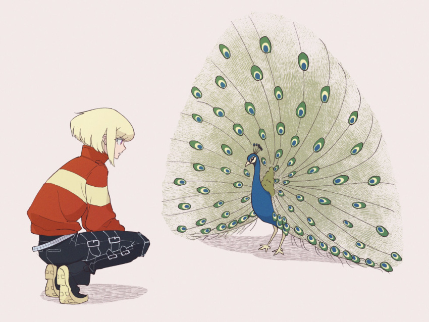 1boy, androgynous, bird, black_footwear, black_pants, boots, firefighter_jacket, green_hair, jacket, lio_fotia, looking_at_animal, male_focus, pants, peacock, promare, red_jacket, short_hair, simple_background, solo, somu_ki, squatting, white_background