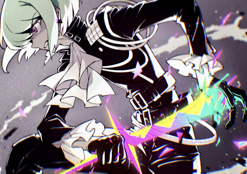 1boy, androgynous, belt, biker_clothes, black_jacket, black_pants, clenched_teeth, fire