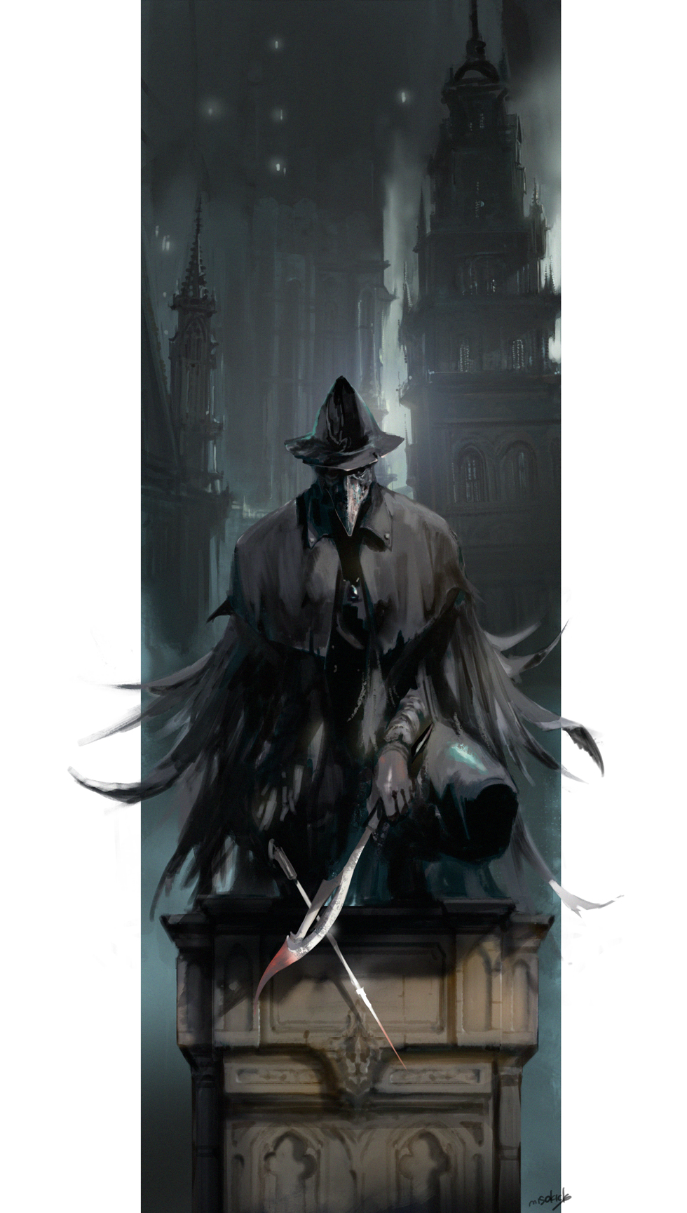 1girl, black_headwear, blade_of_mercy, bloodborne, boots, building, city, cloak