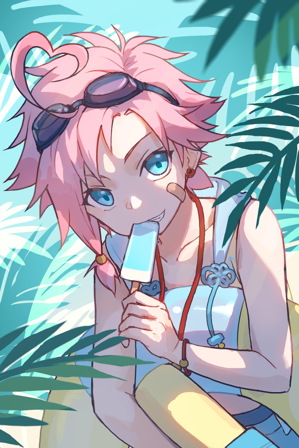 1boy, ahoge, bandaid, bandaid_on_cheek, bandaid_on_face, blue_eyes, eating, food