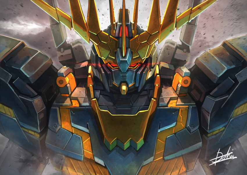 glowing, glowing_eyes, green_eyes, gundam, gundam_unicorn, hukutuuprunes, looking_at_viewer, mecha