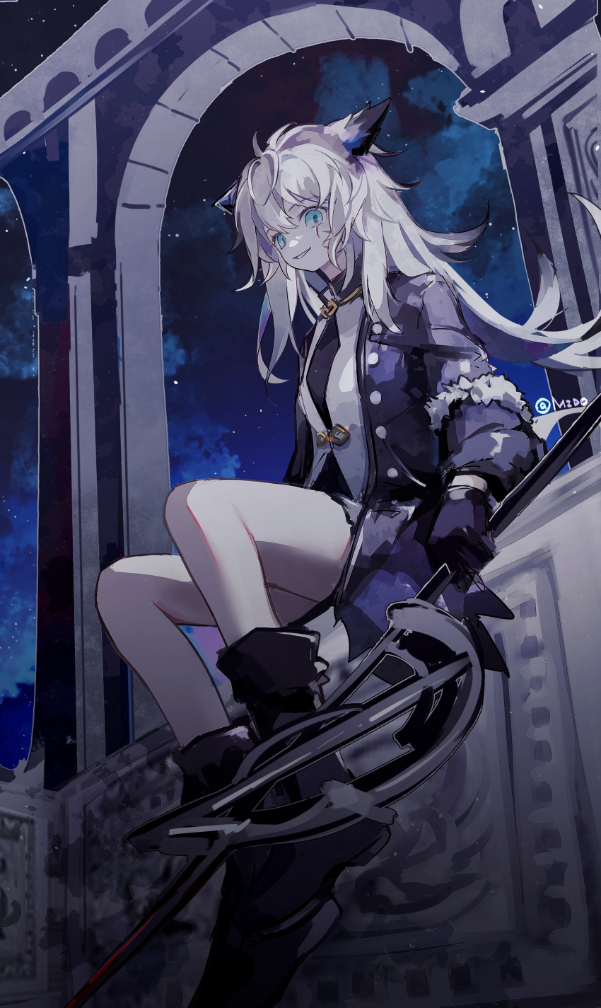 1girl, absurdres, animal_ears, arch, arknights, black_footwear, black_jacket, black_sky