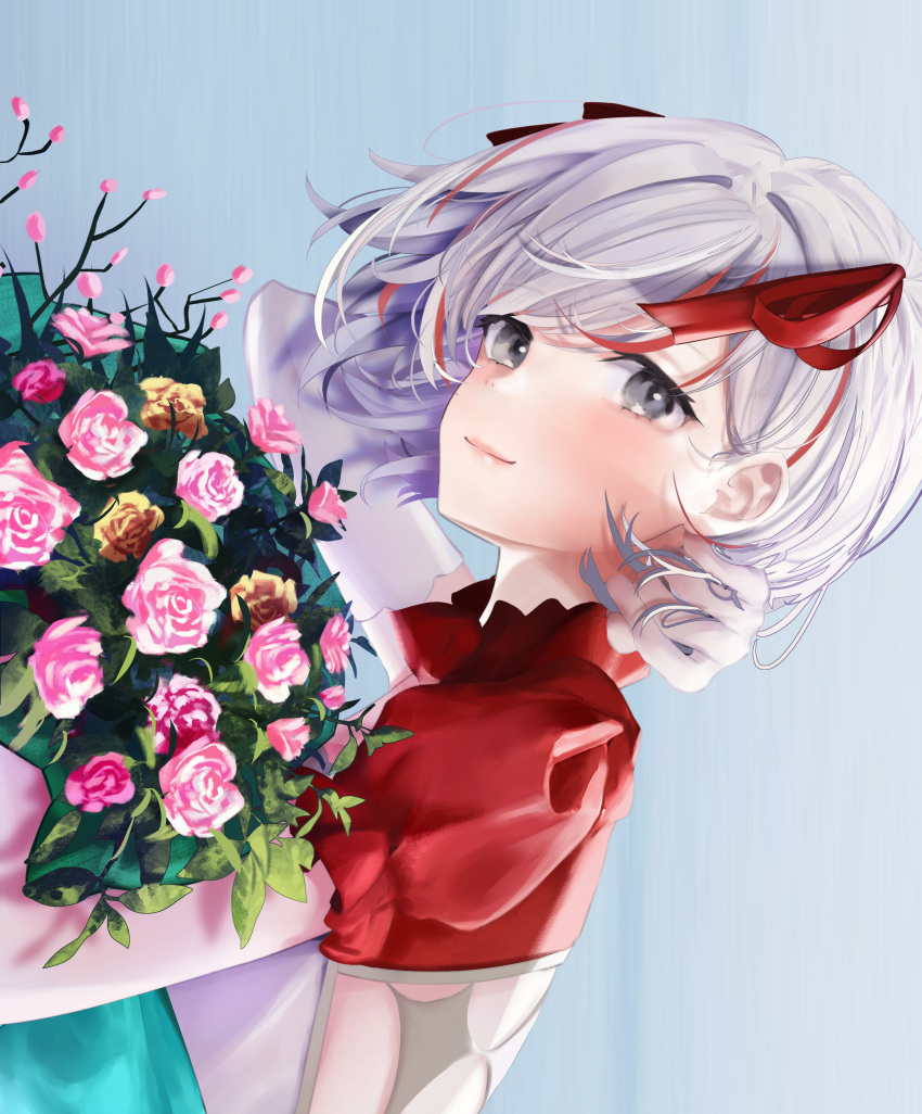 1girl, absurdres, aozora_kurumi, bouquet, grey_eyes, hair_ribbon, highres, kejirion