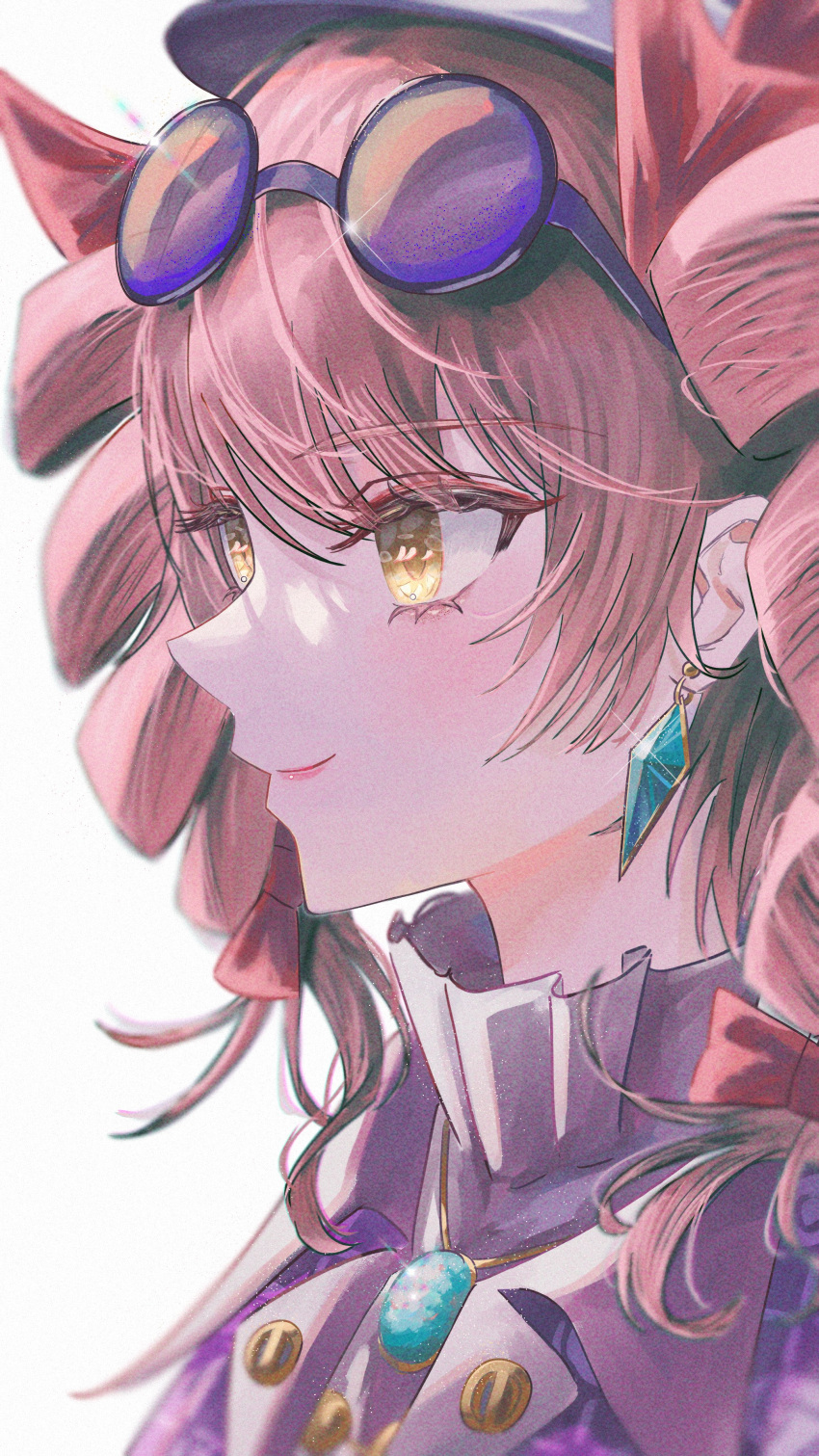 1girl, absurdres, blurry, blush, bow, depth_of_field, drill_hair, earrings