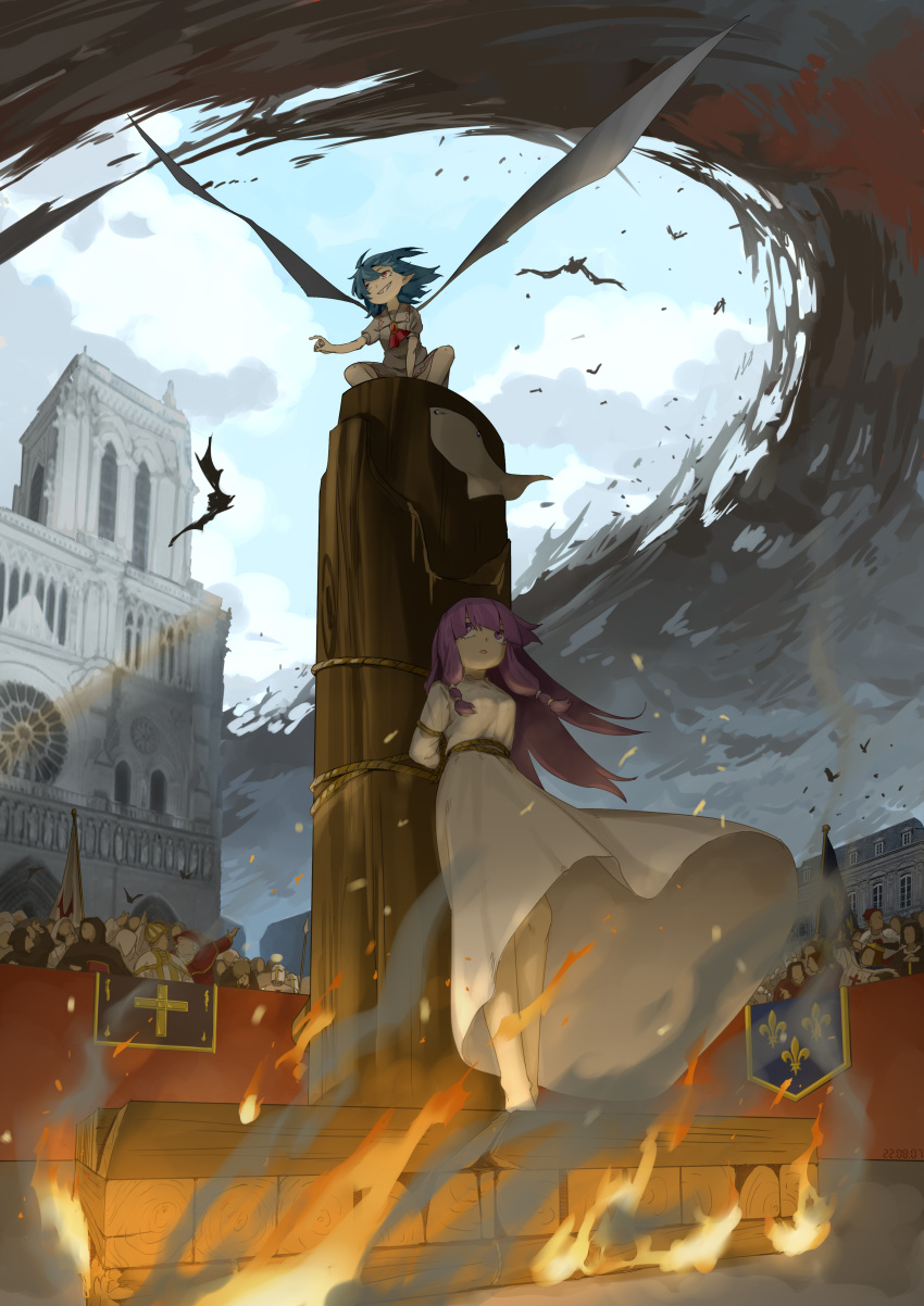 absurdres, architecture, ascot, bangs, bat_wings, bishop, blue_hair, blunt_bangs