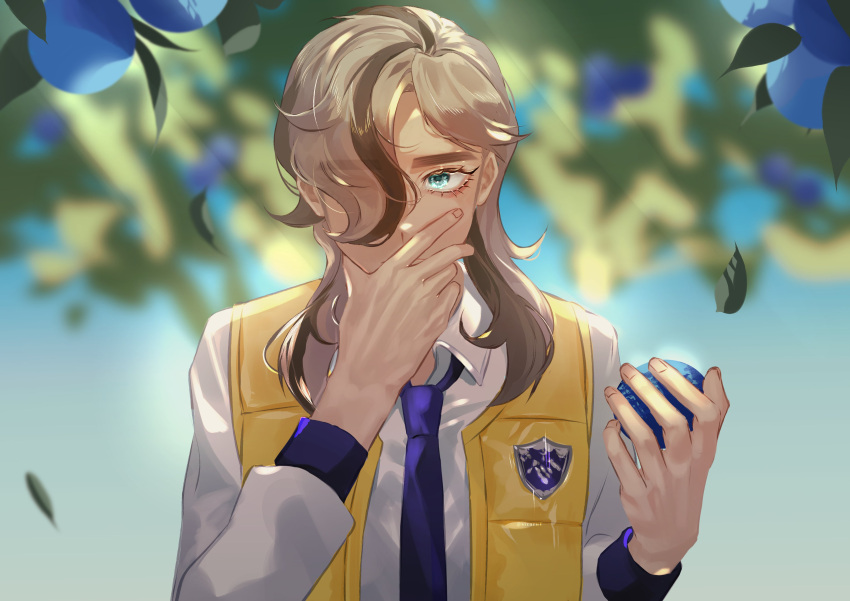 1boy, absurdres, arven_(pokemon), bangs, blonde_hair, collared_shirt, commentary_request, covering_mouth