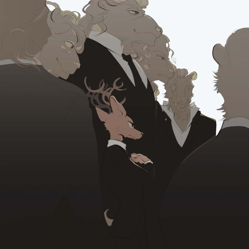 6+boys, agata_(beastars), beastars, black_jacket, black_necktie, closed_mouth, collared_shirt, deer_boy, dolph_lion_(beastars), facial_mark, facing_away, formal, free_(beastars), frown, furry, furry_male, hands_up, hino_(beastars), holding, ibuki_(beastars), jacket, lion_boy, long_sleeves, looking_away, louis_(beastars), male_focus, multiple_boys, necktie, open_mouth, pipiora, ponytail, profile, red_eyes, scar, scar_across_eye, shirt, sideways_glance, simple_background, smile, suit, white_background, white_shirt