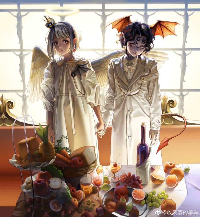 1boy, 1girl, :p, absurdres, alcohol, angel, angel_and_devil, angel_wings, apple, arm_at_side, backlighting, basket, bat_wings, black_hair, bob_cut, brown_eyes, carrot, cherry, coat, cocktail, cocktail_glass, collared_shirt, cowboy_shot, crown, crucifixion, crystal_earrings, cup, curly_hair, demon, demon_tail, dress, drinking_glass, earrings, facial_tattoo, fang_fengzheng_de_danche, feathered_wings, food, forked_tongue, fruit, furrowed_brow, gloves, grapes, halo, head_tilt, head_wings, highres, holding_hands, honey, indoors, jewelry, lemon, lemon_slice, looking_at_viewer, mini_crown, mole, mole_under_eye, neck_ribbon, orange_(fruit), original, pineapple, plate, pointy_ears, ribbon, shirt, short_hair, slit_pupils, smile, standing, table, tablecloth, tail, tattoo, tiered_tray, toast, tongue, tongue_out, weibo_logo, weibo_username, white_coat, white_dress, white_gloves, white_hair, white_ribbon, white_shirt, window, wine, wing_ornament, wings, yellow_eyes