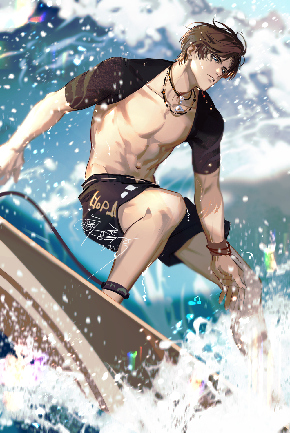 1boy, abs, artem_wing_(tears_of_themis), artist_name, bangs, blue_eyes, brown_hair, highres