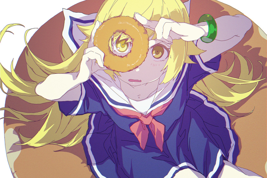 1girl, 8root5, blonde_hair, bracelet, doughnut, dress, fang, food
