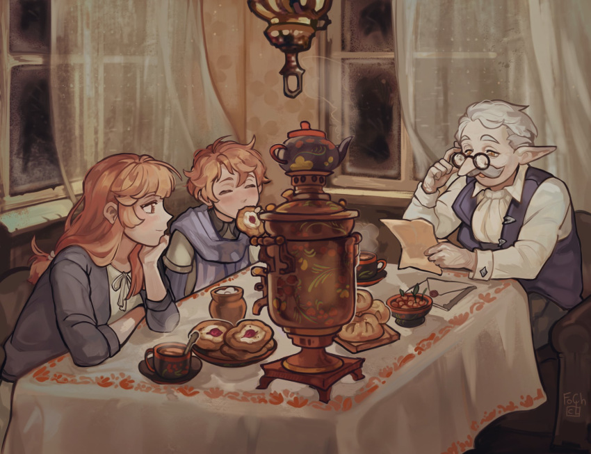 1girl, 2boys, ascot, blue_jacket, blue_scarf, blue_vest, brother_and_sister, commentary, cookie, couch, cranberry, cup, facial_hair, fochfs, food, genshin_impact, glasses, highres, holding, holding_eyewear, jacket, letter, long_hair, long_nose, low-tied_long_hair, mug, multiple_boys, mustache, old, old_man, orange_hair, pastry, plate, pointy_ears, pulcinella_(genshin_impact), round_eyewear, russian_clothes, samovar, scarf, shirt, short_hair, siblings, spoon, table, teapot, teucer_(genshin_impact), tonia_(genshin_impact), vest, white_ascot, white_hair, white_shirt