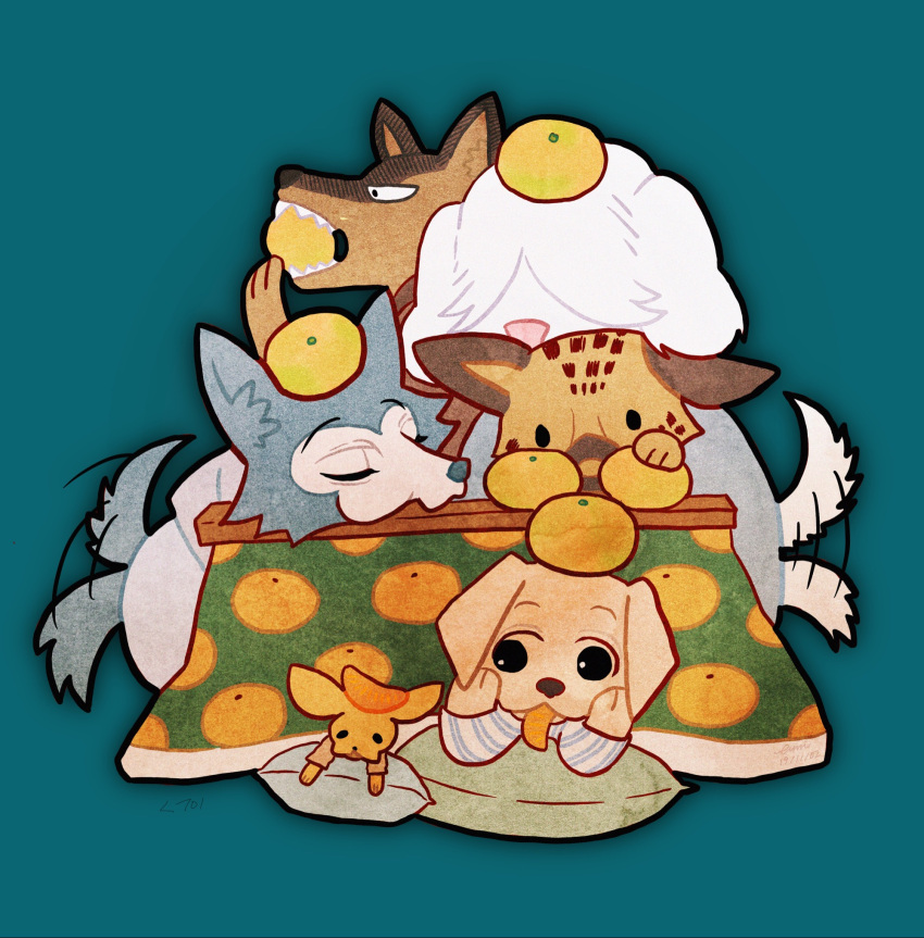 6+boys, afterimage, beastars, blue_background, collot_(beastars), covered_eyes, dog_boy, durham_(beastars), eating, food, food_on_head, fruit, furry, furry_male, hand_up, happy, highres, jack_(beastars), kotatsu, legoshi, long_sleeves, looking_at_another, looking_at_viewer, lying, male_focus, mandarin_orange, miguno_(beastars), multiple_boys, object_on_head, on_stomach, pillow, profile, simple_background, sitting, table, tail, tail_wagging, timi_(timiistimi), tongue, under_kotatsu, under_table, voss_(beastars), warming, wolf_boy