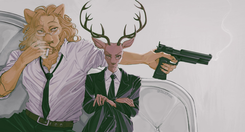 2boys, antlers, beastars, belt, between_fingers, black_jacket, black_necktie, black_pants