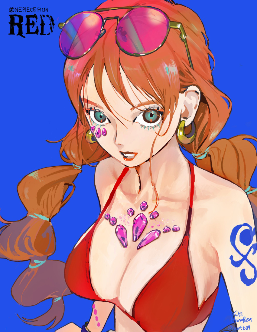 banyuuishi, bare_shoulders, bikini, bikini_top_only, braid, earrings, eyelashes, eyewear_on_head, green_eyes, highres, hoop_earrings, jewelry, nami_(one_piece), one_piece, one_piece:_film_red, orange_hair, red_bikini, shoulder_tattoo, swimsuit, tattoo, twin_braids, twintails