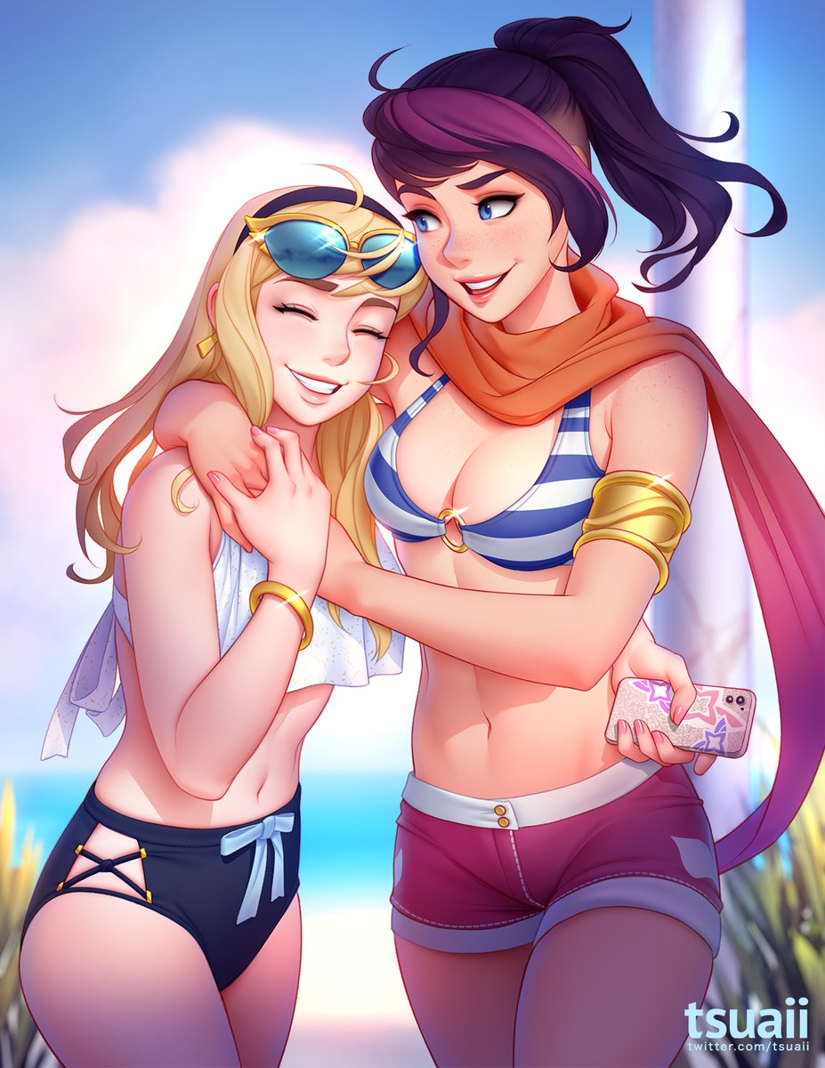 2girls, arms_around_neck, beach, bikini, bikini_top_only, blonde_hair, blue_eyes, bow, breasts, cellphone, closed_eyes, fiora_(league_of_legends), highres, hug, league_of_legends, leaning_on_person, looking_at_another, lux_(league_of_legends), medium_breasts, midriff, multiple_girls, navel, phone, pool_party_fiora, purple_hair, shorts, smile, stomach, swimsuit, tank_top, tsuaii