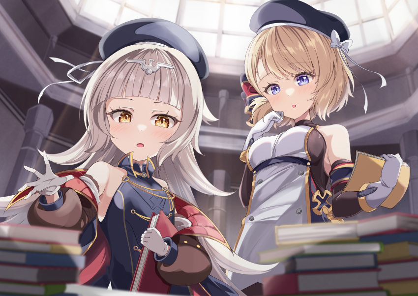 2girls, absurdres, acchii_(akina), azur_lane, bangs, bare_shoulders, beret, blonde_hair
