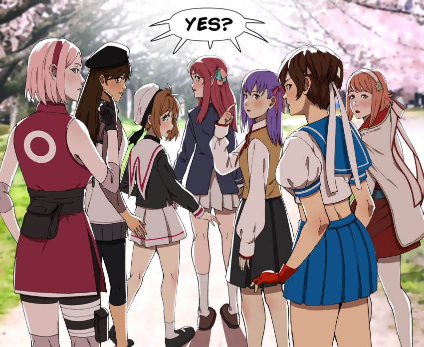 6+girls, black_gloves, cardcaptor_sakura, cherry_blossoms, crossover, english_text, evangelion:_3.0_you_can_(not)_redo, fate/stay_night, fate_(series), fire_emblem, fire_emblem_fates, francisco_mon, gloves, hairband, haruno_sakura, hat, headband, highres, kasugano_sakura, kinomoto_sakura, looking_at_viewer, looking_back, matou_sakura, minamoto_sakura, multiple_crossover, multiple_girls, name_connection, naruto_(series), naruto_shippuuden, neon_genesis_evangelion, pink_hair, purple_hair, rebuild_of_evangelion, sakura_(fire_emblem), school_uniform, shared_speech_bubble, skirt, speech_bubble, street_fighter, street_fighter_zero_(series), suzuhara_sakura, zombie_land_saga