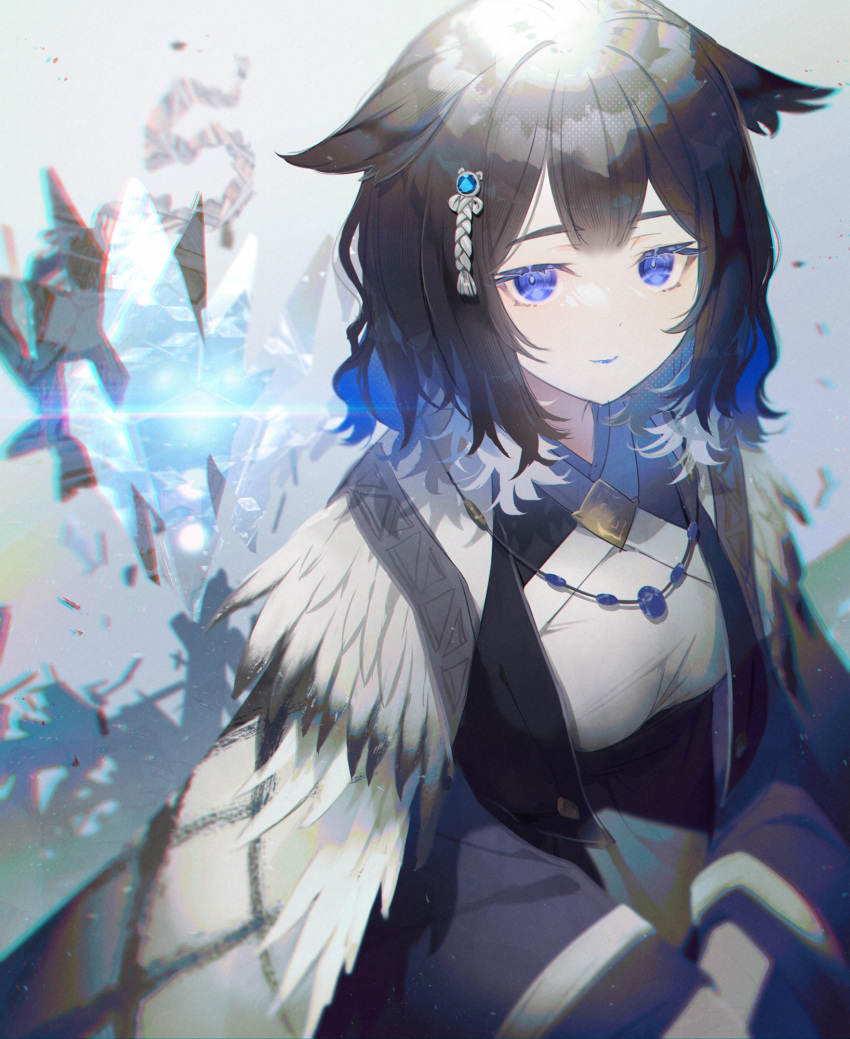 1girl, animal_ears, arknights, black_hair, black_shirt, blue_eyes, blue_hair, blue_tongue