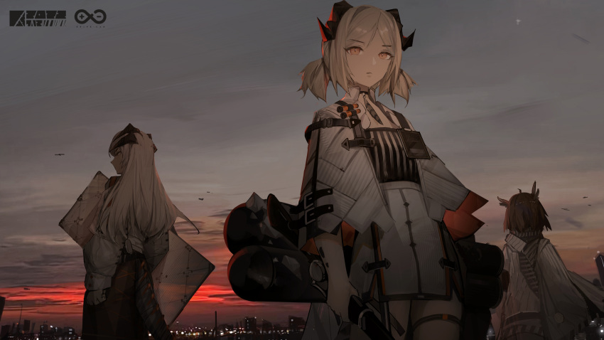 3girls, absurdres, ahoge, arknights, black_choker, black_shirt, black_skirt, brown_hair