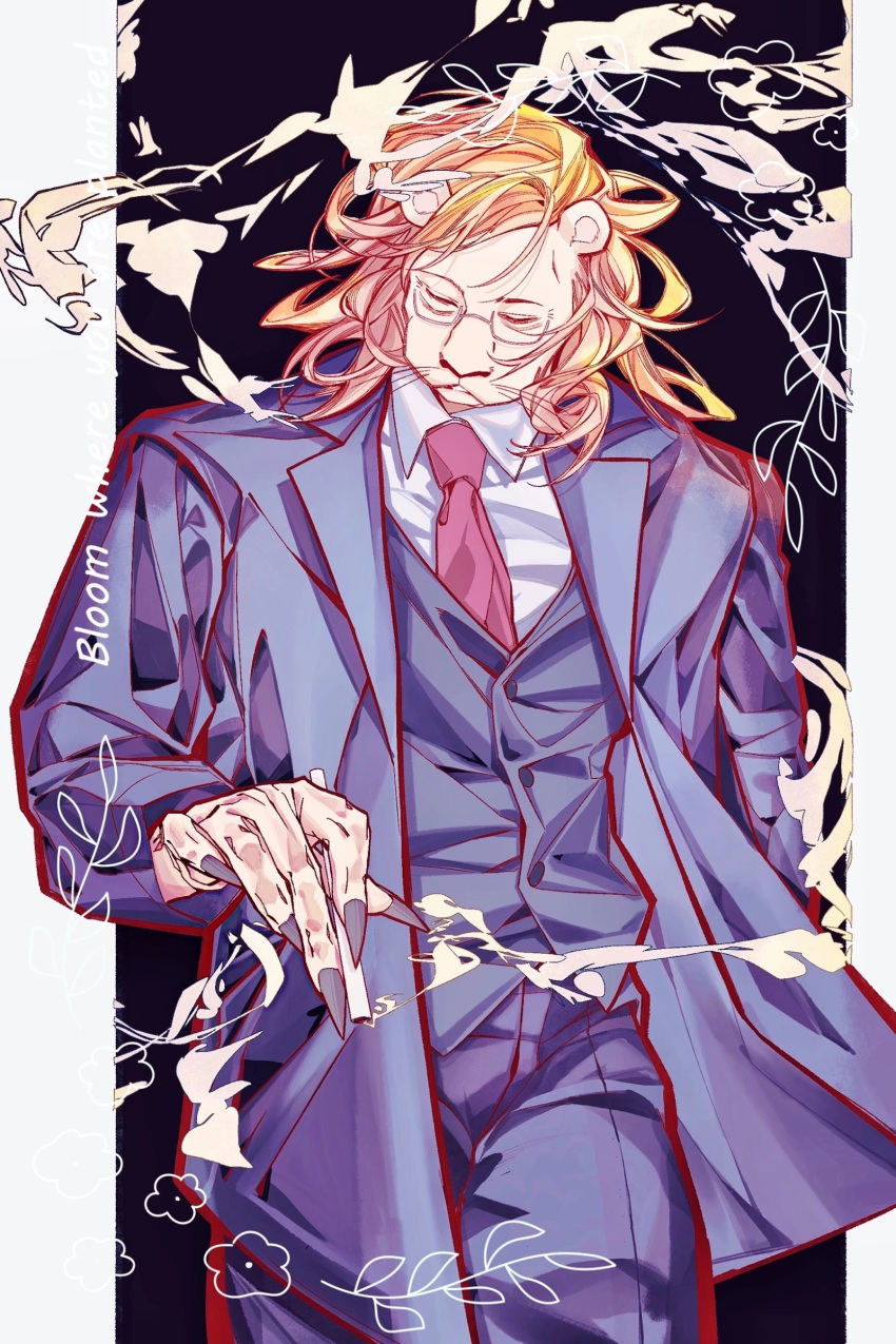 1boy, absurdres, beastars, black_background, black_nails, blonde_hair, blue_jacket, blue_pants
