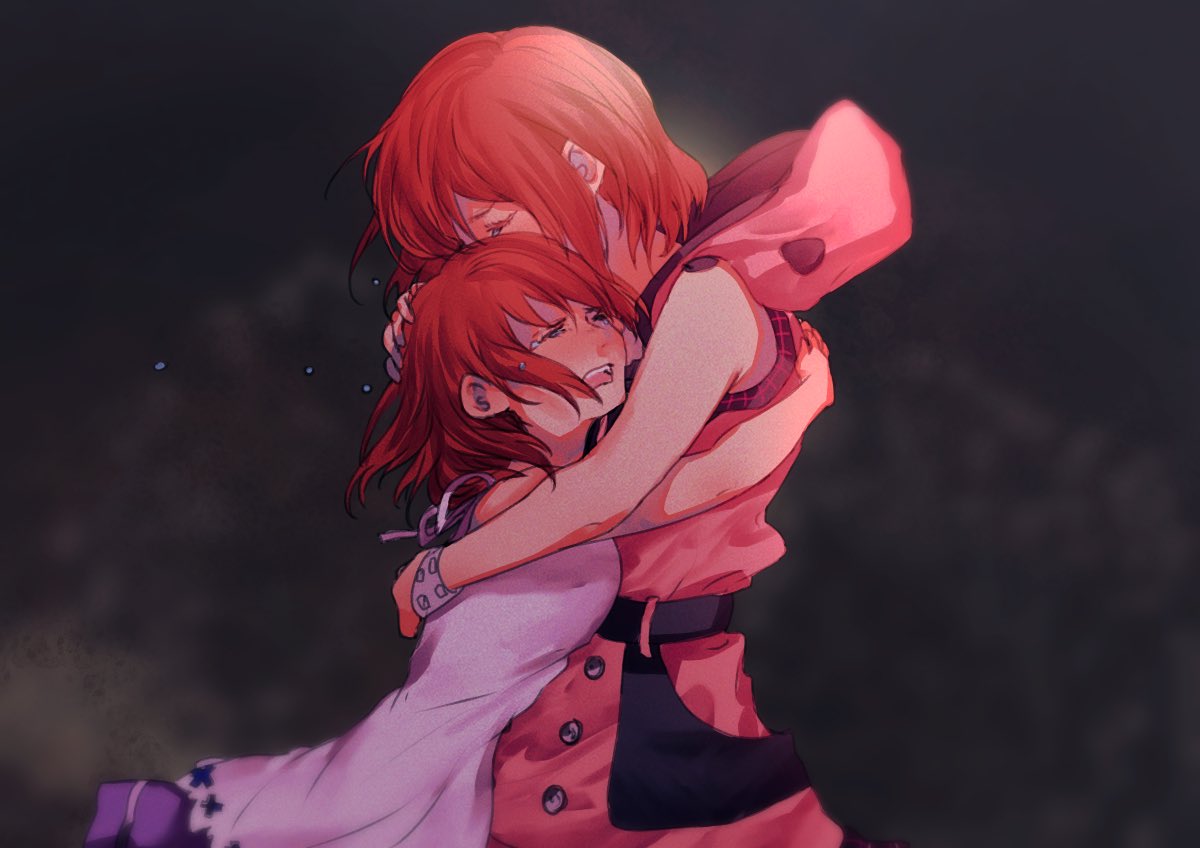 2girls, belt, black_background, blush, buttons, closed_eyes, crying, dress, female_child, hair_between_eyes, hand_on_another's_head, hood, hood_down, hooded_dress, hug, kairi_(kingdom_hearts), kingdom_hearts, kingdom_hearts_iii, kingdom_hearts_melody_of_memory, multiple_girls, open_mouth, pink_dress, redhead, sera_(serappi), short_hair, sleeveless, sleeveless_dress, tears, teeth, time_paradox, upper_body, upper_teeth, white_dress, wristband, younger