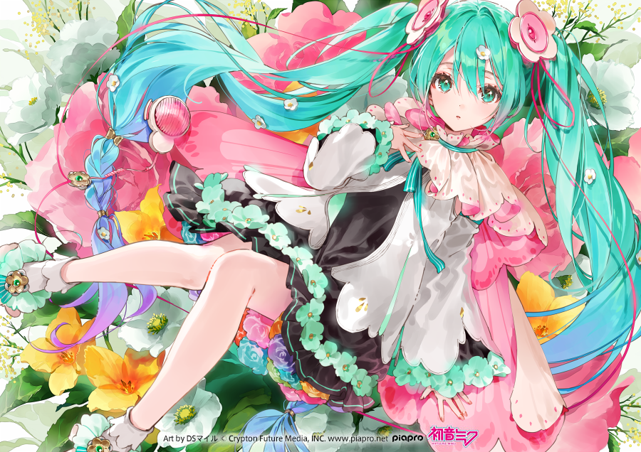 1girl, bangs, blue_eyes, blue_hair, commentary, dsmile, floral_background, flower