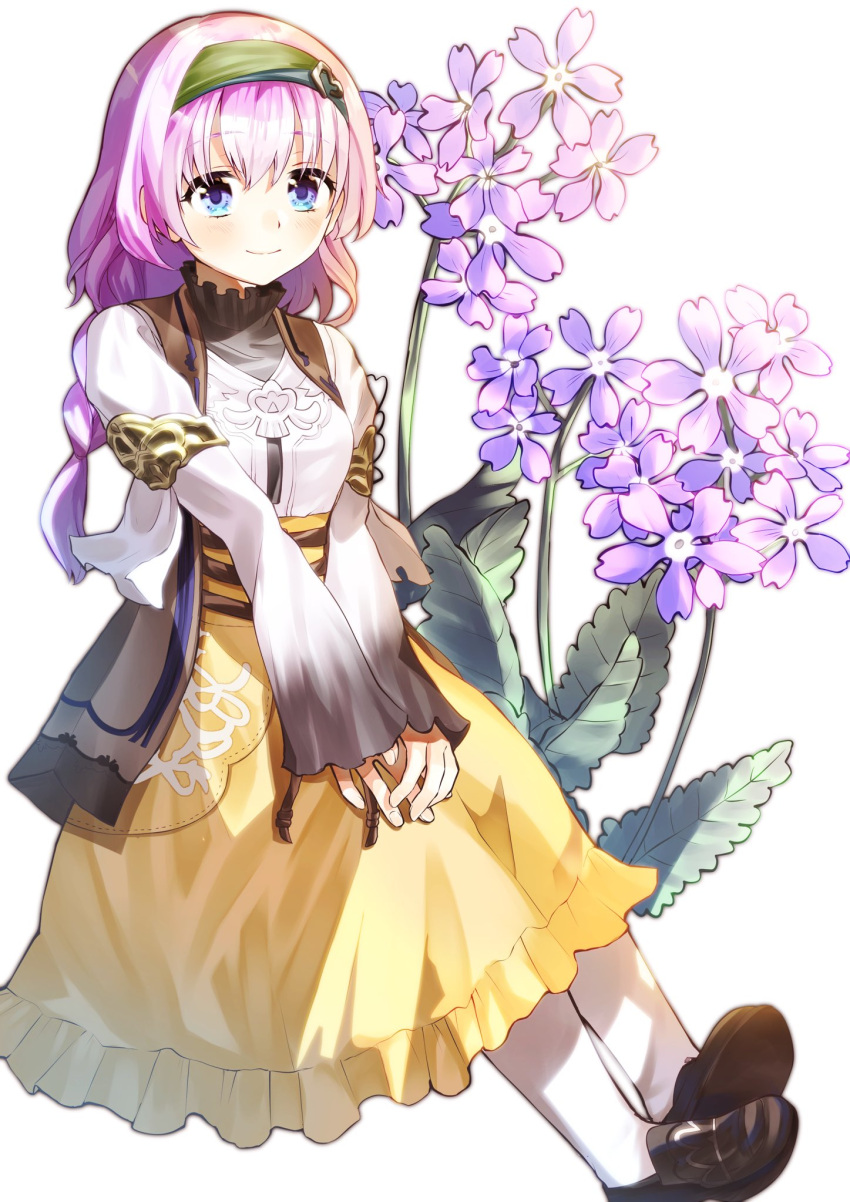 1girl, black_footwear, blue_eyes, closed_mouth, flower, full_body, hairband, highres, long_hair, long_skirt, long_sleeves, looking_at_viewer, nekokawakuro, pink_hair, priscilla_(rune_factory), purple_flower, rune_factory, rune_factory_5, simple_background, skirt, smile, white_background, yellow_skirt