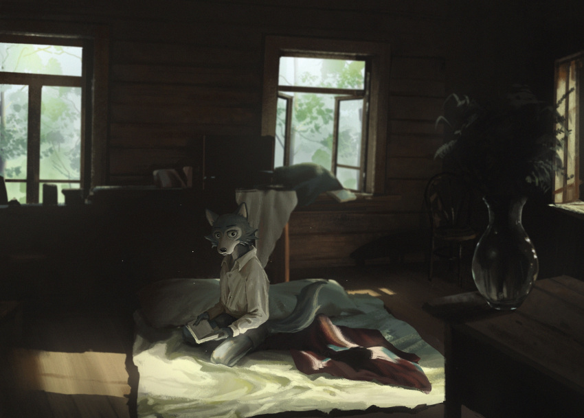 1boy, absurdres, beastars, bed_sheet, blanket, book, chair, child