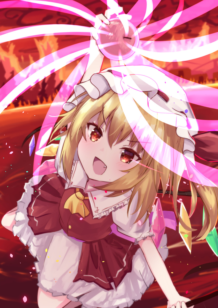 1girl, absurdres, adapted_costume, apple, arm_up, ascot, blonde_hair, breasts