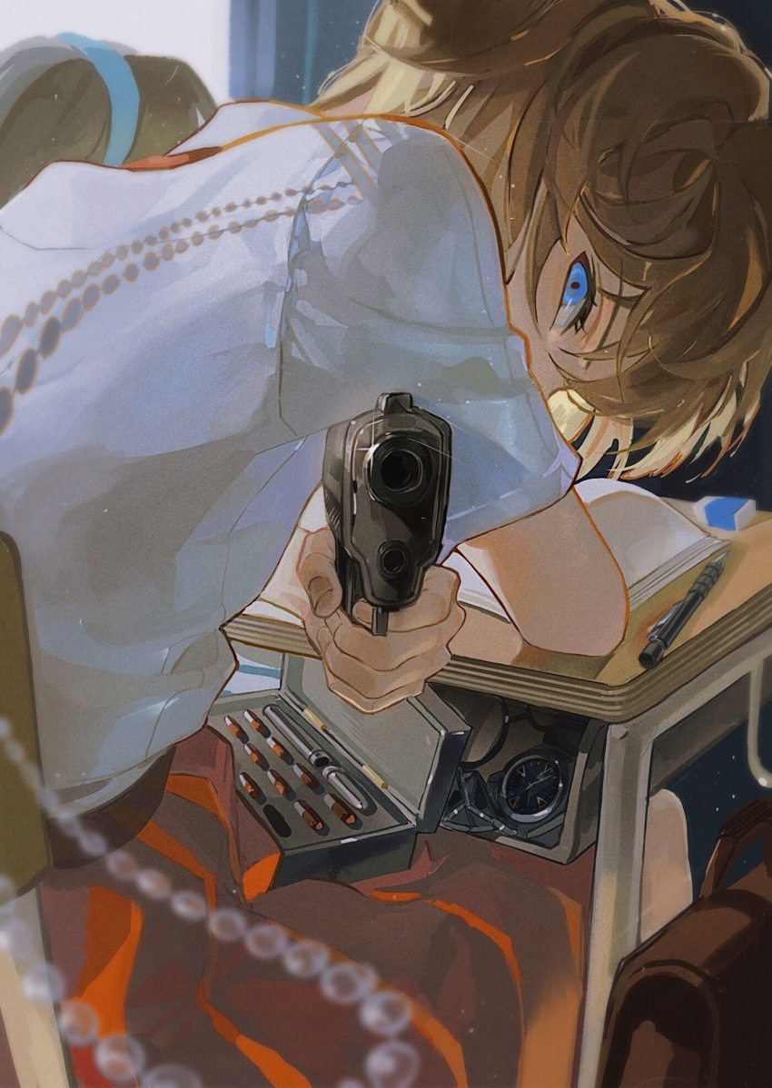 1girl, bag, blue_eyes, book, brown_hair, bullet, chair, desk